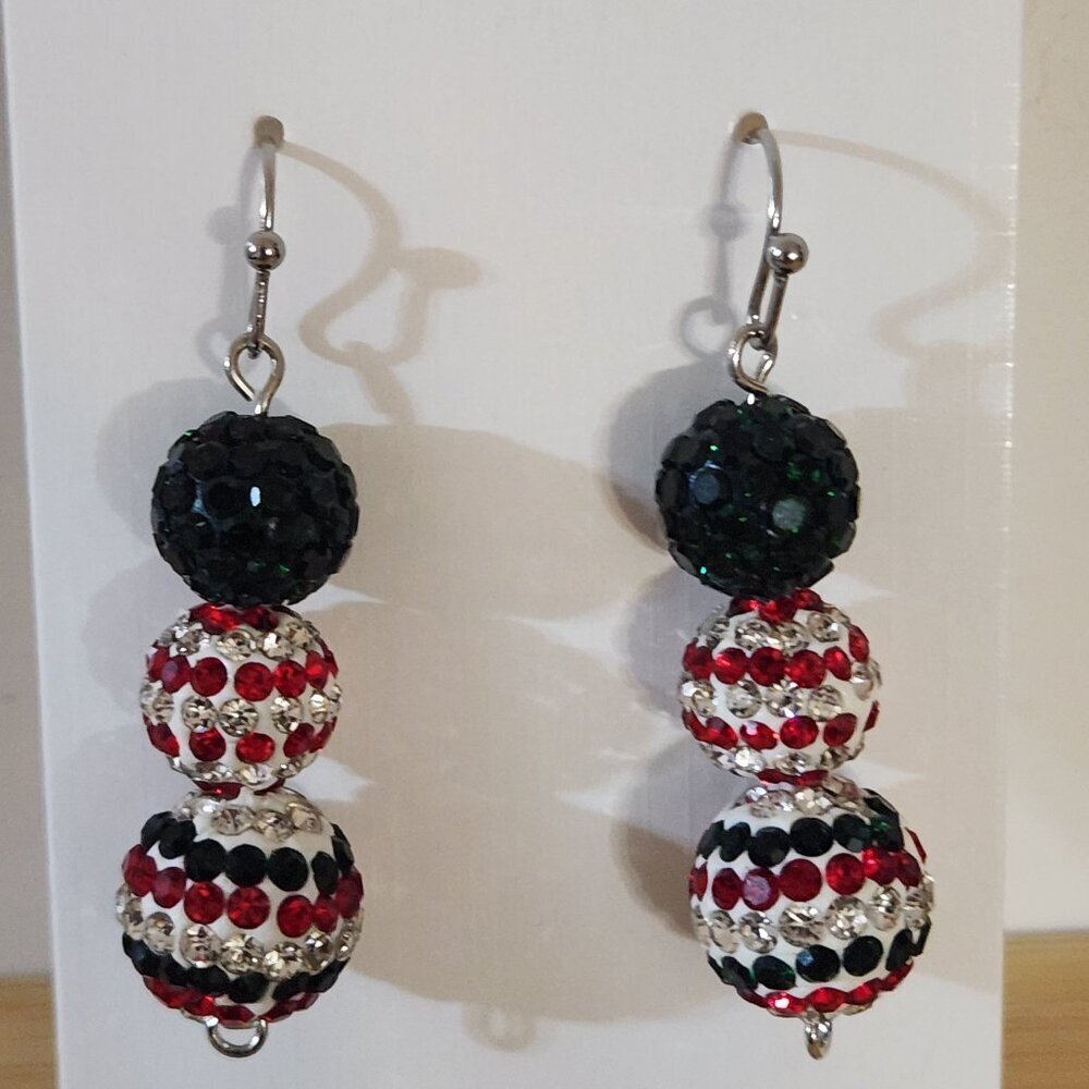Hand Crafted Earrings Dangle Pierced Rhinestone Green Red Silver Christmas 1 1/2 - Picture 2 of 6